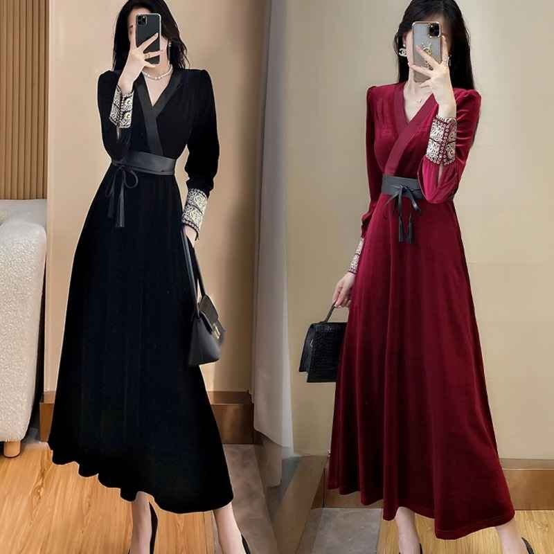  длинный рукав One-piece оборка платье одноцветный простой красивый . casual осень-зима XL черный 