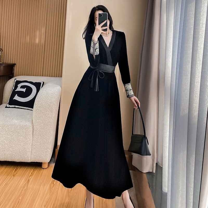 длинный рукав One-piece оборка платье одноцветный простой красивый . casual осень-зима XL черный 