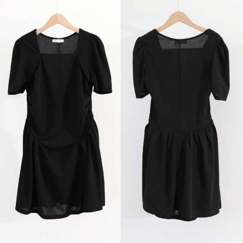 ミニワンピース レディース 夏服半袖 ギャザーワンピ きれいめカジュアル L ブラック