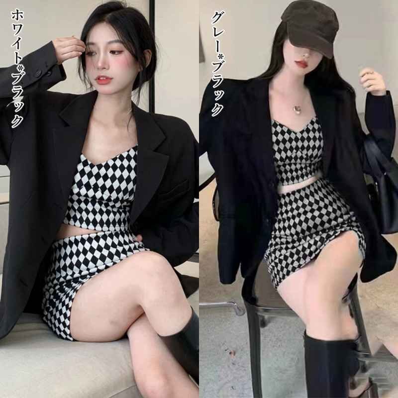キャミトップス ミニスカートセットアップ フリー ホワイト×ブラッぬ?