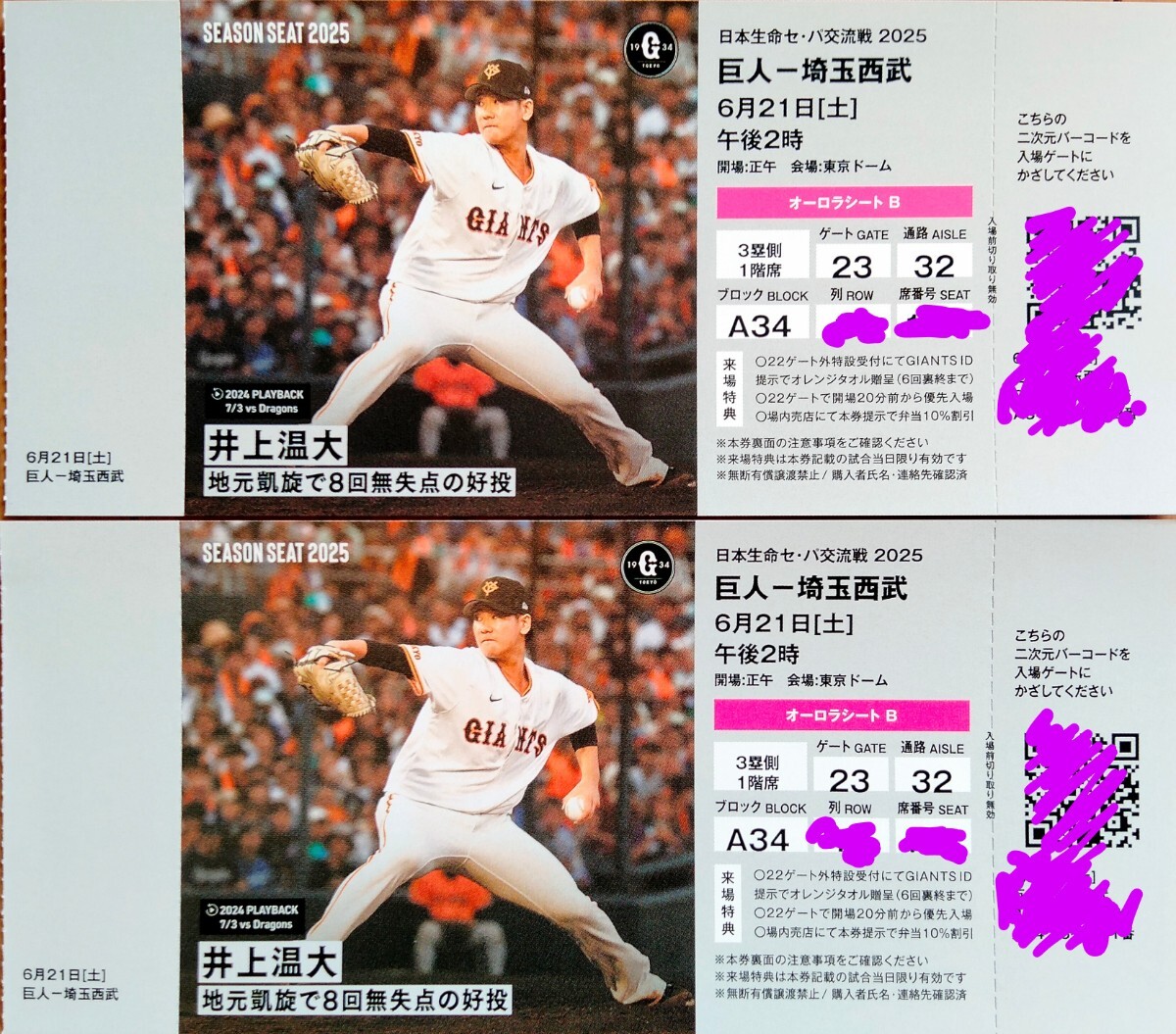 巨人-埼玉西武 6月21日［土］オーロラシートB 午后2时 东京ドームペアチケット