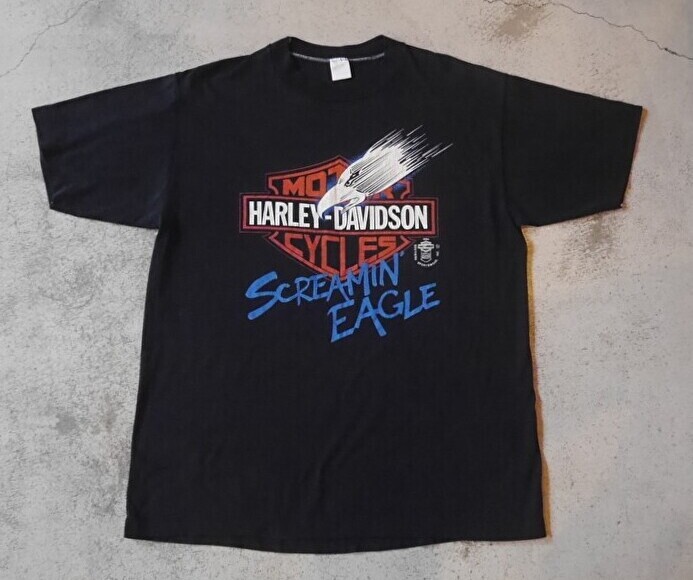 HARLEY-DAVIDSONビンテージ古著TシャツMADE IN USAアメリカ制ショベルバイクT80パン3D EMBLEM80Rockナックル中古1980年代1990年代イーグル