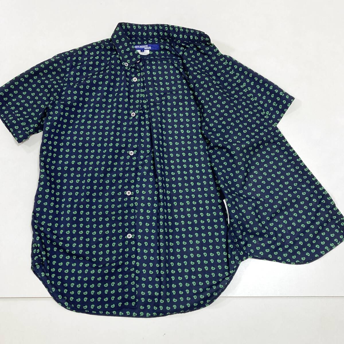 AD2009 JUNYA WATANABE MAN ペイズリー 総柄 ポリ 半袖 ボタンダウン シャツ ネイビー 紺 Sサイズ ジュンヤワタナベマン archive 5060107
