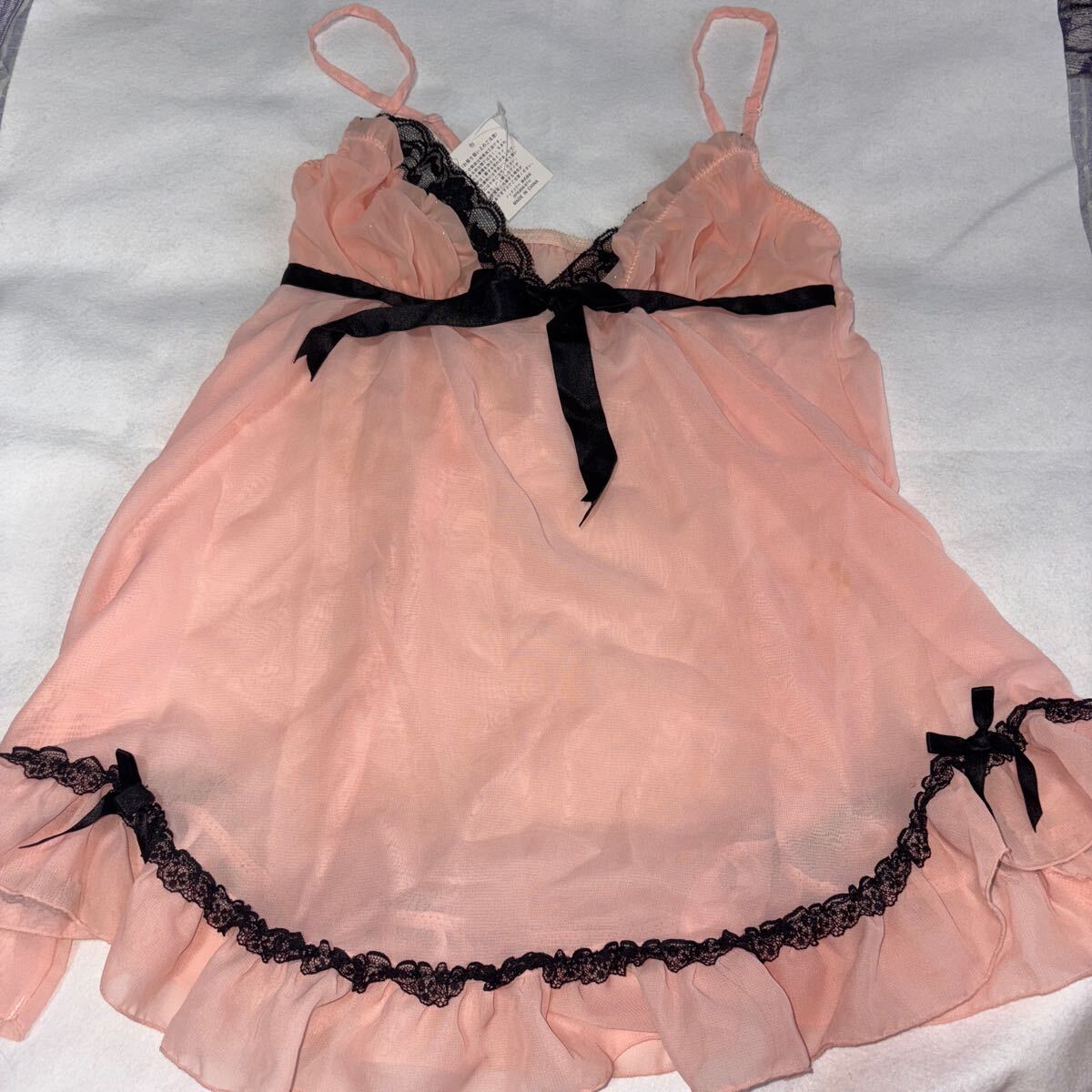 aimerfeel ベビードール Tバック レース セクシー M シフォン オーガンジー 紐パン サテン ツルツル 光沢 サーモンピンク ルームウェア 