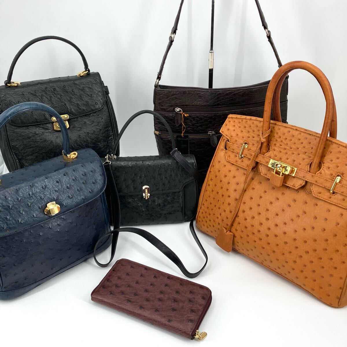 【高級(jí) / まとめ 6點(diǎn)セット】エキゾチックレザー オーストリッチ ハンドバッグ 駝鳥 本革 ダチョウ Elena Pagani トップハンドル 鞄
