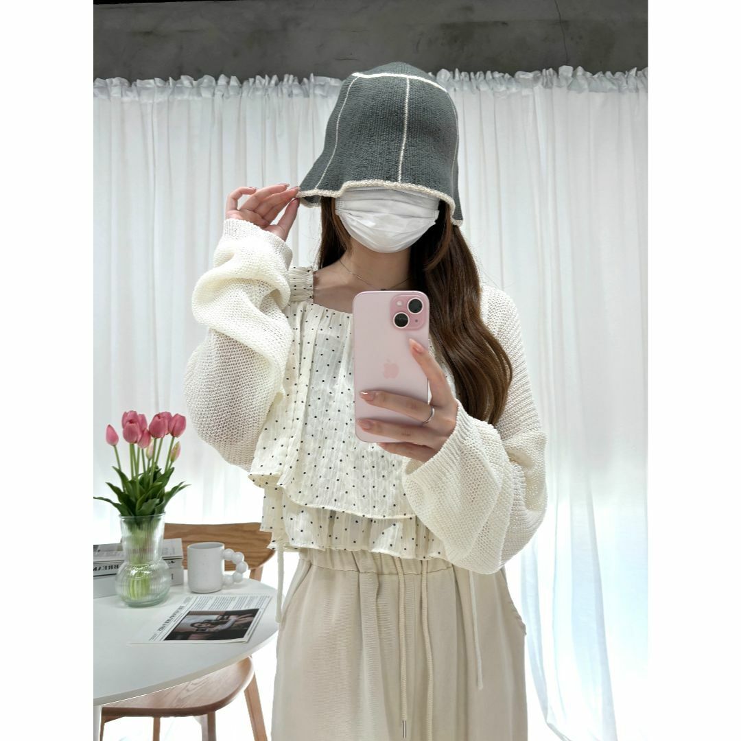 【新品】バケットハット グレー レディース ニットパネル ライン入り ゆったり 春夏 帽子 シンプル かわいい