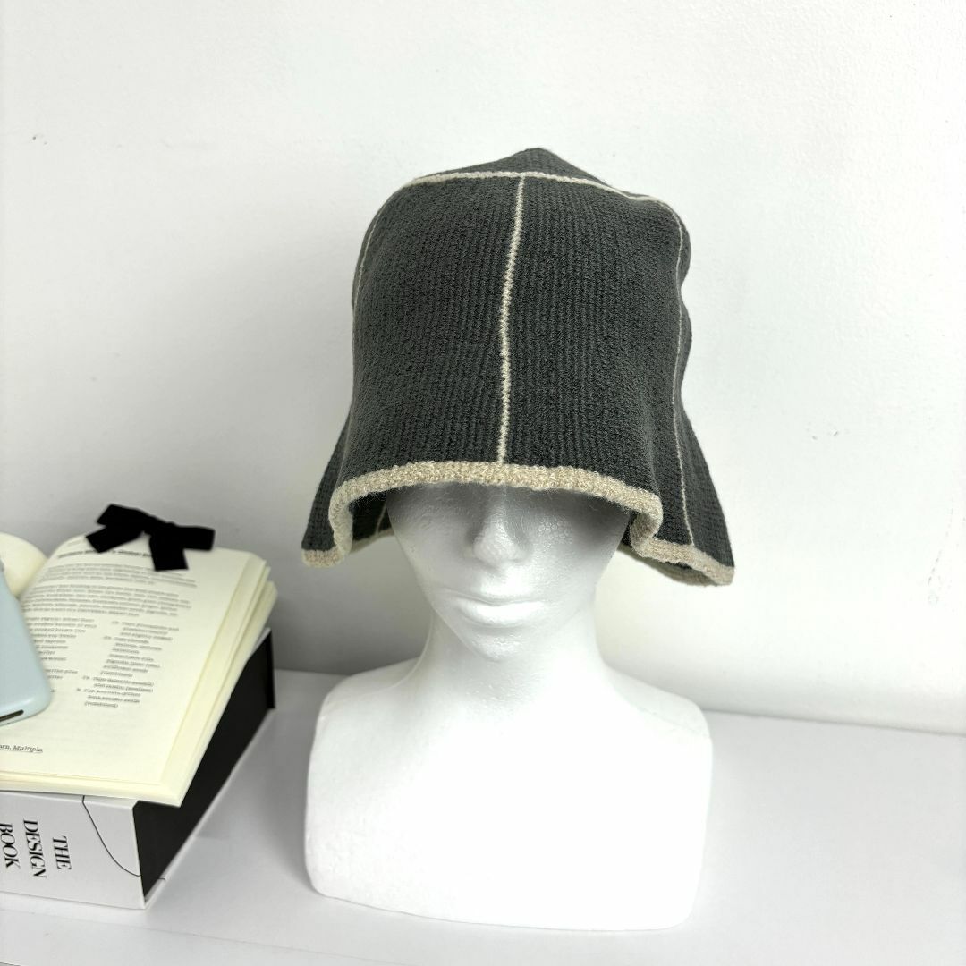 【新品】バケットハット グレー レディース ニットパネル ライン入り ゆったり 春夏 帽子 シンプル かわいい