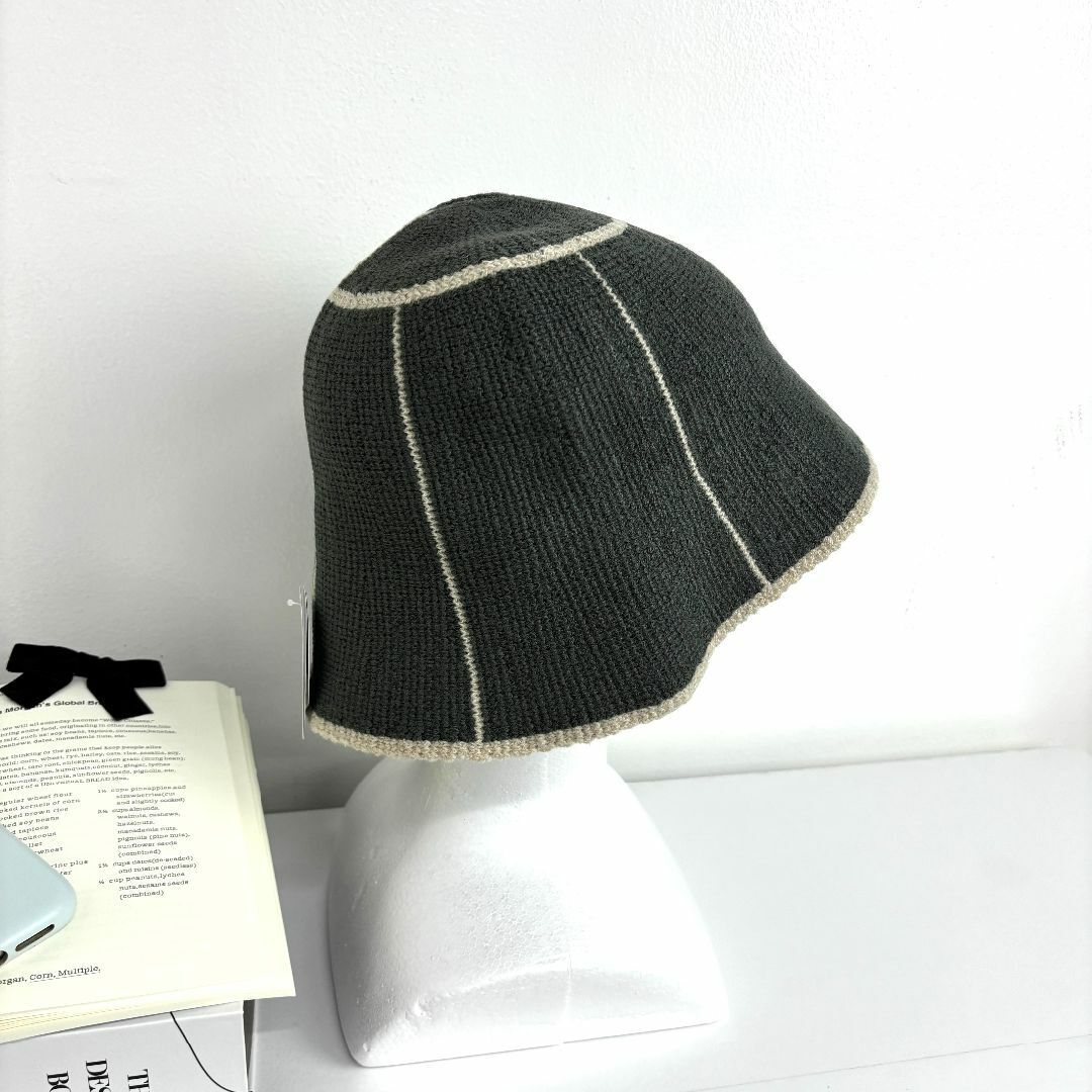 【新品】バケットハット グレー レディース ニットパネル ライン入り ゆったり 春夏 帽子 シンプル かわいい