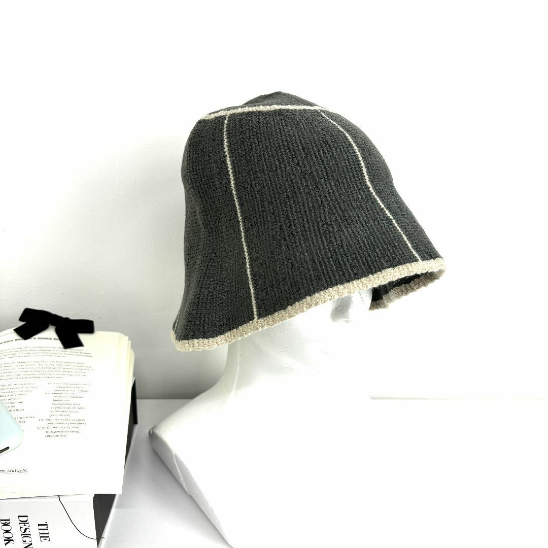 【新品】バケットハット グレー レディース ニットパネル ライン入り ゆったり 春夏 帽子 シンプル かわいい
