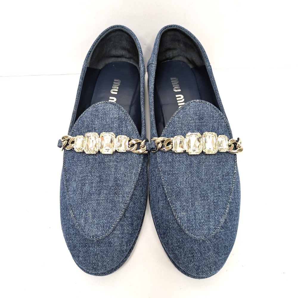 美品 MIUMIU フラットシューズパンプス リボン ビジュー デニム Dz801832 ミュウミュウ パンプス CALZA TURE DONNA フラット