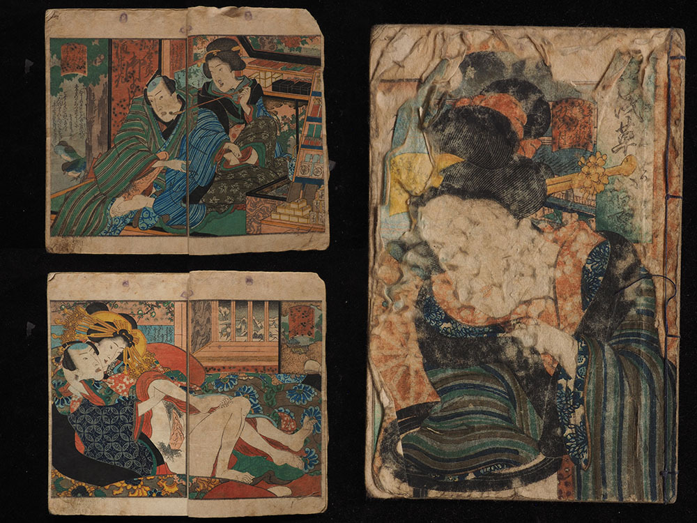 ◆全25図◆在銘「春画」巻物 女性画 枕絵 江戸期頃春画「小野徒玉茎嘘字尽」坤 淫水亭 浮世絵 和本 艶本