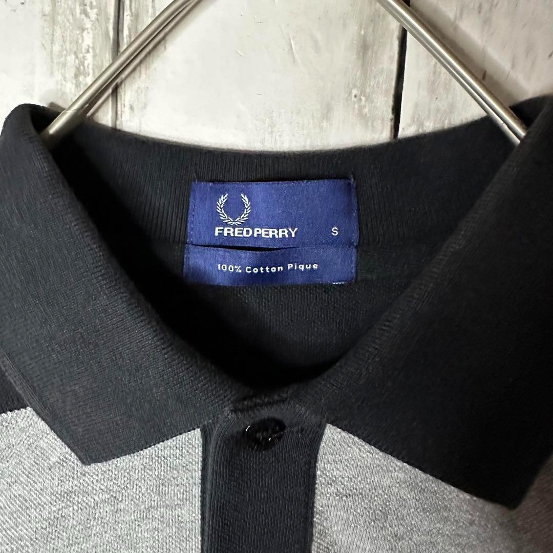 【FREDPERRY フレッドペリー】半袖ポロシャツ☆太ボーダー☆モノトーンマルチ☆刺繍ロゴ S~M 黒　グレー　ブラック