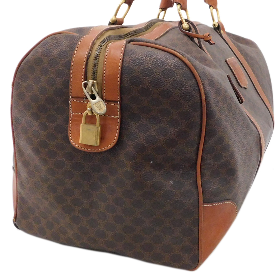 1円■ 美品 セリーヌ ボストンバッグ M12 ブラウン系 PVC×レザー マカダム 大容量 お出かけ CELINE ■E.Bus.zE-18