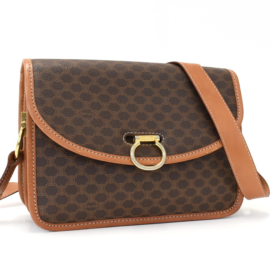 1円◎美品 CELINE セリーヌ ショルダーバッグ クロスボディ マカダム PVC レザー ブラウン ゴールド金具 ヴィンテージ◎E.Cio.hP-03