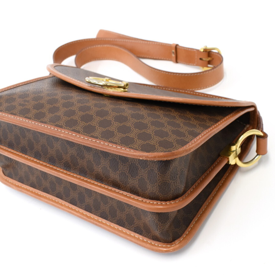 1円◎美品 CELINE セリーヌ ショルダーバッグ クロスボディ マカダム PVC レザー ブラウン ゴールド金具 ヴィンテージ◎E.Cio.hP-03