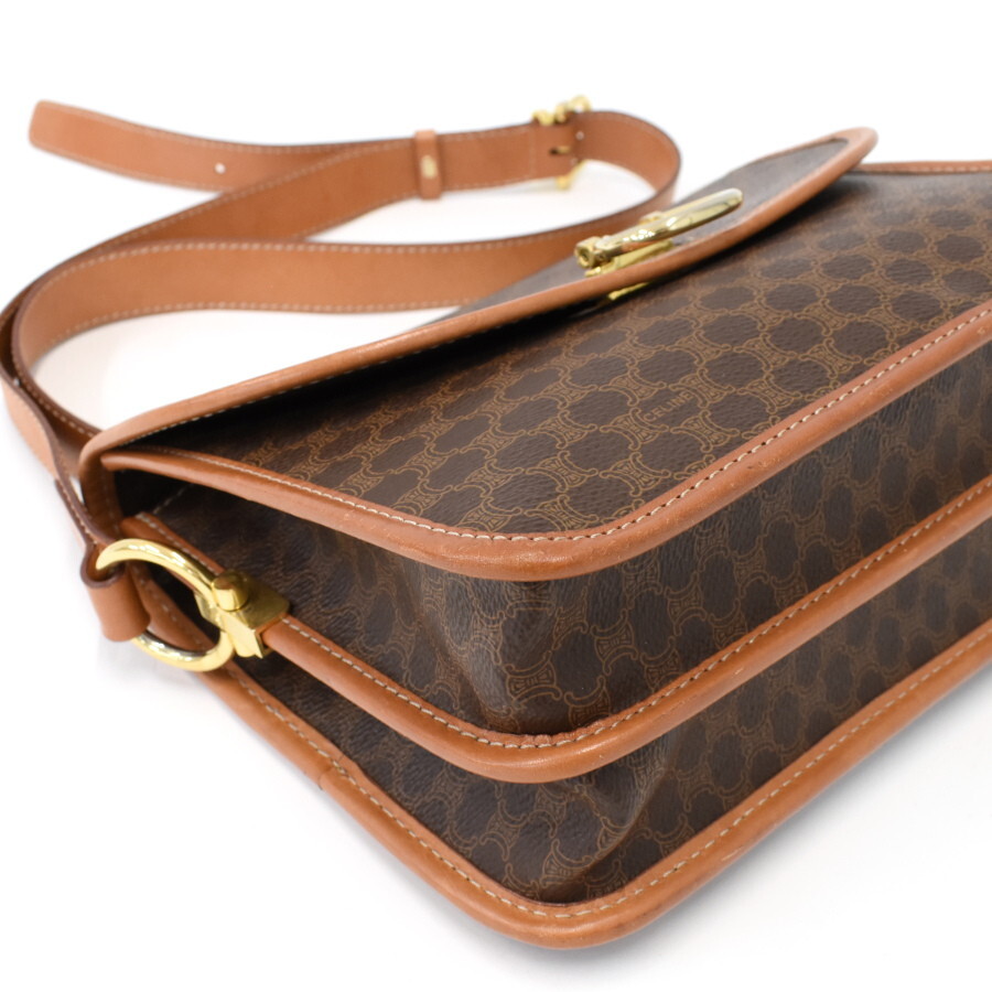 1円◎美品 CELINE セリーヌ ショルダーバッグ クロスボディ マカダム PVC レザー ブラウン ゴールド金具 ヴィンテージ◎E.Cio.hP-03