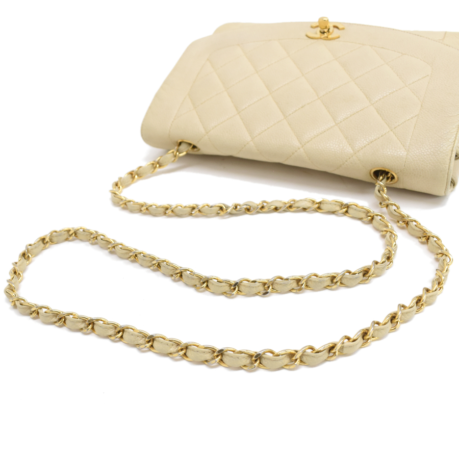 1円◎美品 CHANEL シャネル チェーンショルダーバッグ ダイアナフラップ キャビスキン ココマーク ライトベージュ◎K.Dlur.tI-it40