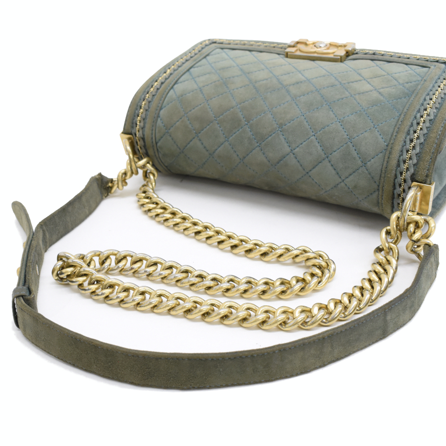 1円◎良品 CHANEL シャネル チェーンショルダーバッグ ボーイシャネル スエード レザー グリーン ゴールド金具◎K.Dsou.oR-it13