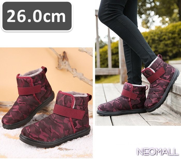 ユニセックス スノーシューズ 【870】 26.0cm 迷彩レッド ムートンブーツ スニーカー ウィンターブーツ 里起毛 防水 防寒 防滑 冬用靴