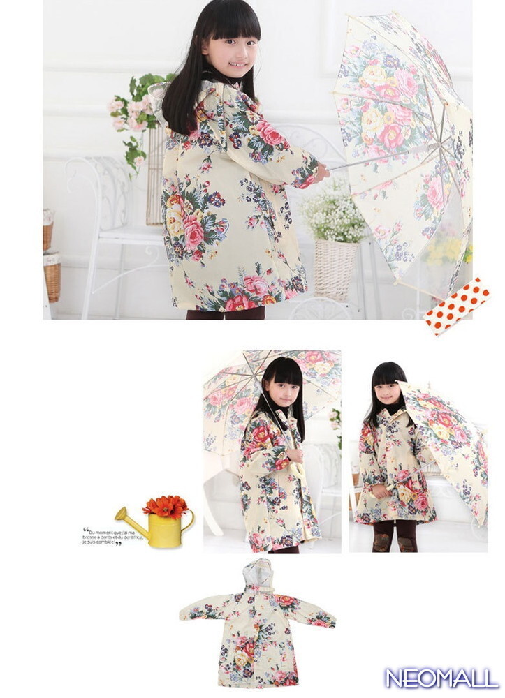1円～☆【641】子供用 可愛い レインコート 花柄 Mサイズ 身長 90cm - 100cm 防水 撥水 雨具 雨 雪 ゲリラ豪雨 通園 通學 お出かけ