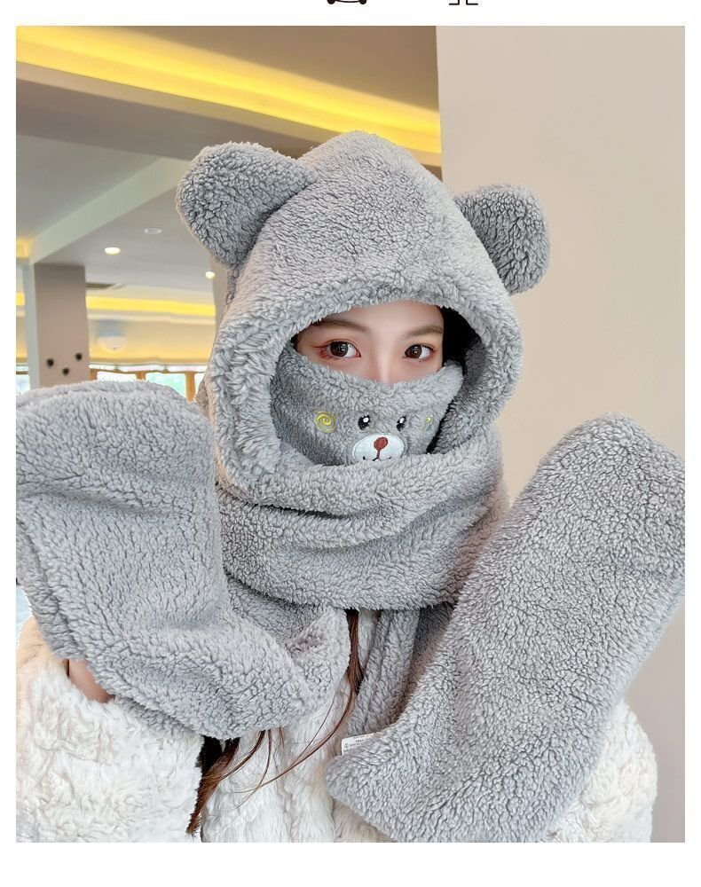 フード付マフラー グレー　帽子 マフラー 手袋 マスク ふわふわ もこもこ 厚手 保溫 クマ 熊 くま