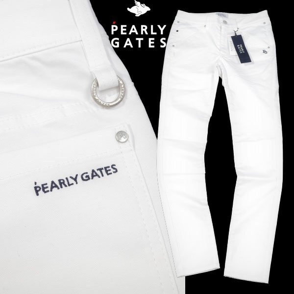 新品1円～★定価2.3萬(wàn) PEARLY GATES パーリーゲイツ レディース 日本制 ロゴ コットン ストレッチ ロングパンツ 1 M 白 ゴルフ ◆6464◆