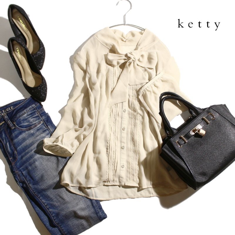 美品 ketty ケティ 春 夏 透け シフォン レース ピンタック ボウタイ リボン 七分袖 ブラウス シフォンブラウス 2点 ライトベージュ 9号 2_画像1