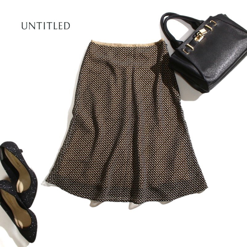 美品 アンタイトル UNTITLED 株) ワールド 春 夏 ドット フラワー プリント 柄 シフォン フレアスカート 5号 0 ダークブラウン オフィス_画像1