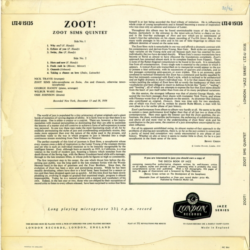 【ＬＰ】　ZOOT SIMS QUINTET 「 ZOOT! 」　　 ( LONDON LTZ-U-15135 )