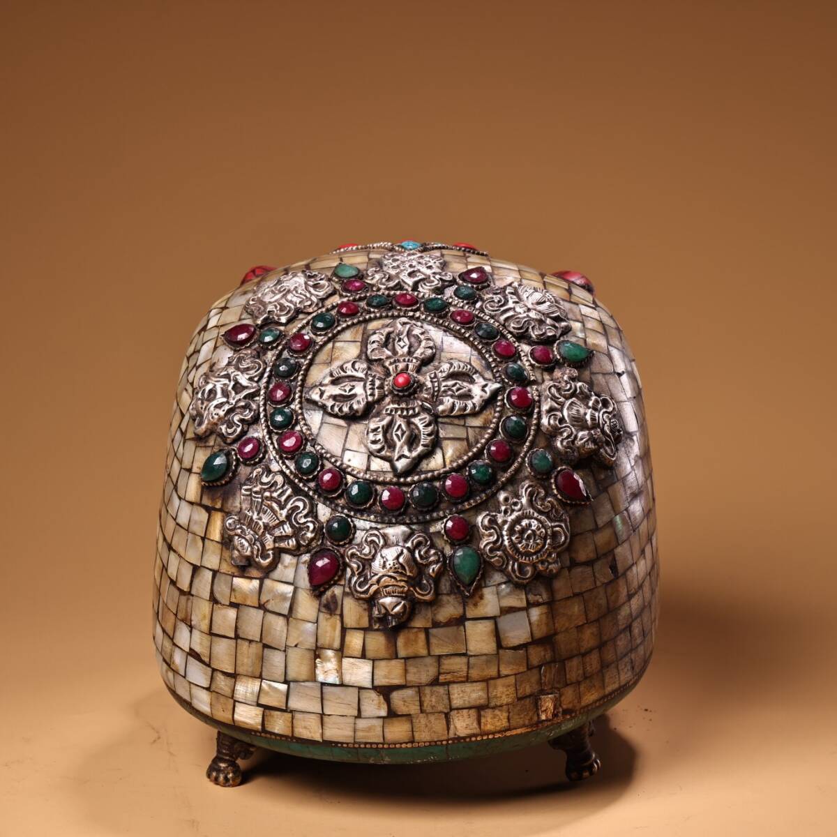 蔵友旧蔵出 銅製 寶石嵌 貝殼嵌 藏傳猴頭面具 貴重品