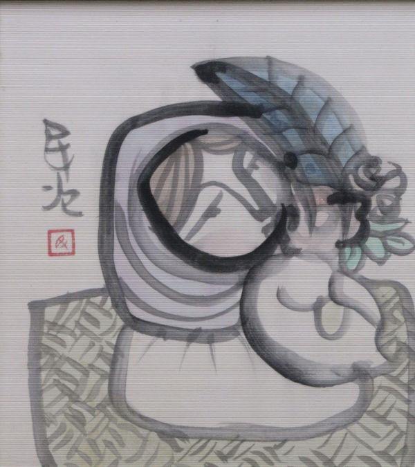 穂高 「真作」畫壇の巨匠　北川民j次　「花売りのメキシコ娘」　　水彩　サイン　1968年