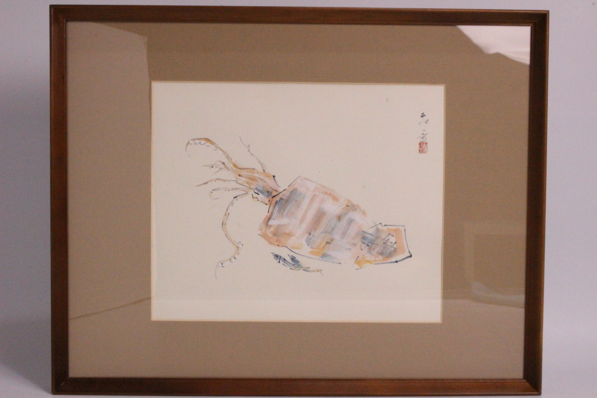 「貍庵 RS」　四條派 佐野五風(fēng) 作　「スルメ?イワシ絵」 額裝色紙　「保護(hù)箱」/ 京都畫(huà)壇 ☆本物保障☆k5gr8j
