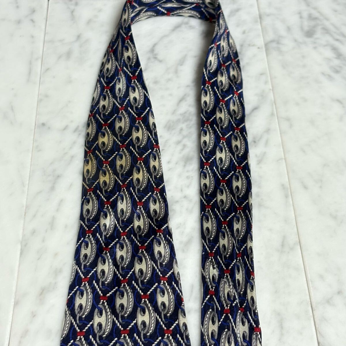 999円～ GUCCI ネクタイ ネイビー グレー ロープ パターン柄 (B12)