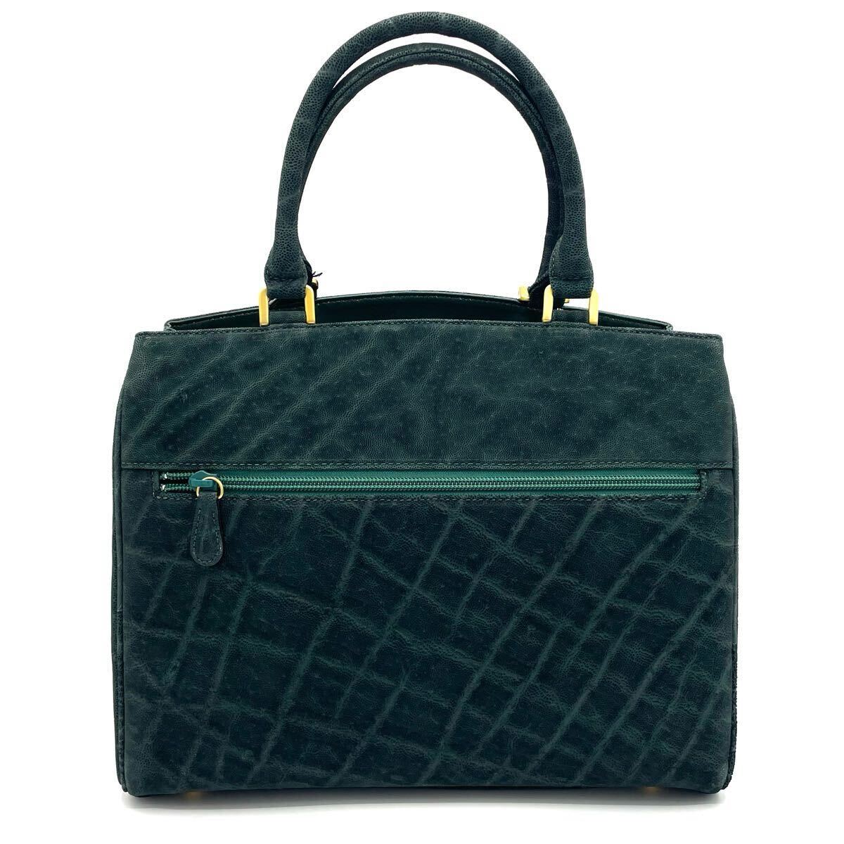 【JRA 希少 未使用品 極美品】エレファント ハンドバッグ 自立 エキゾチックレザー 象革 ゾウ革 深緑 ダークグリーン レディース 2232