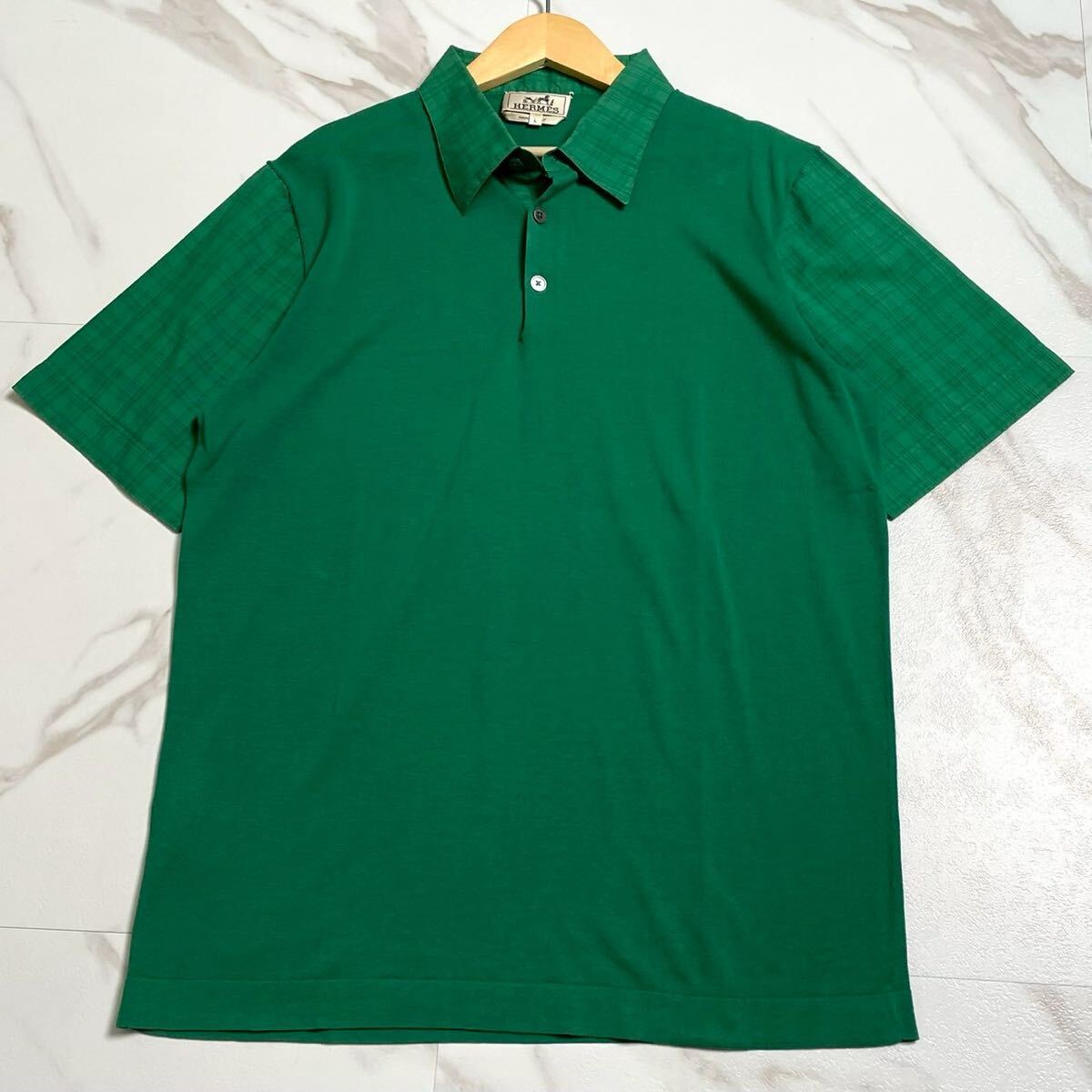 極美品/Lサイズ●HERMES エルメス【最高級 袖切替チェック】ポロシャツ Tシャツ 半袖シャツ トップス カットソー ストレッチ グリーン系