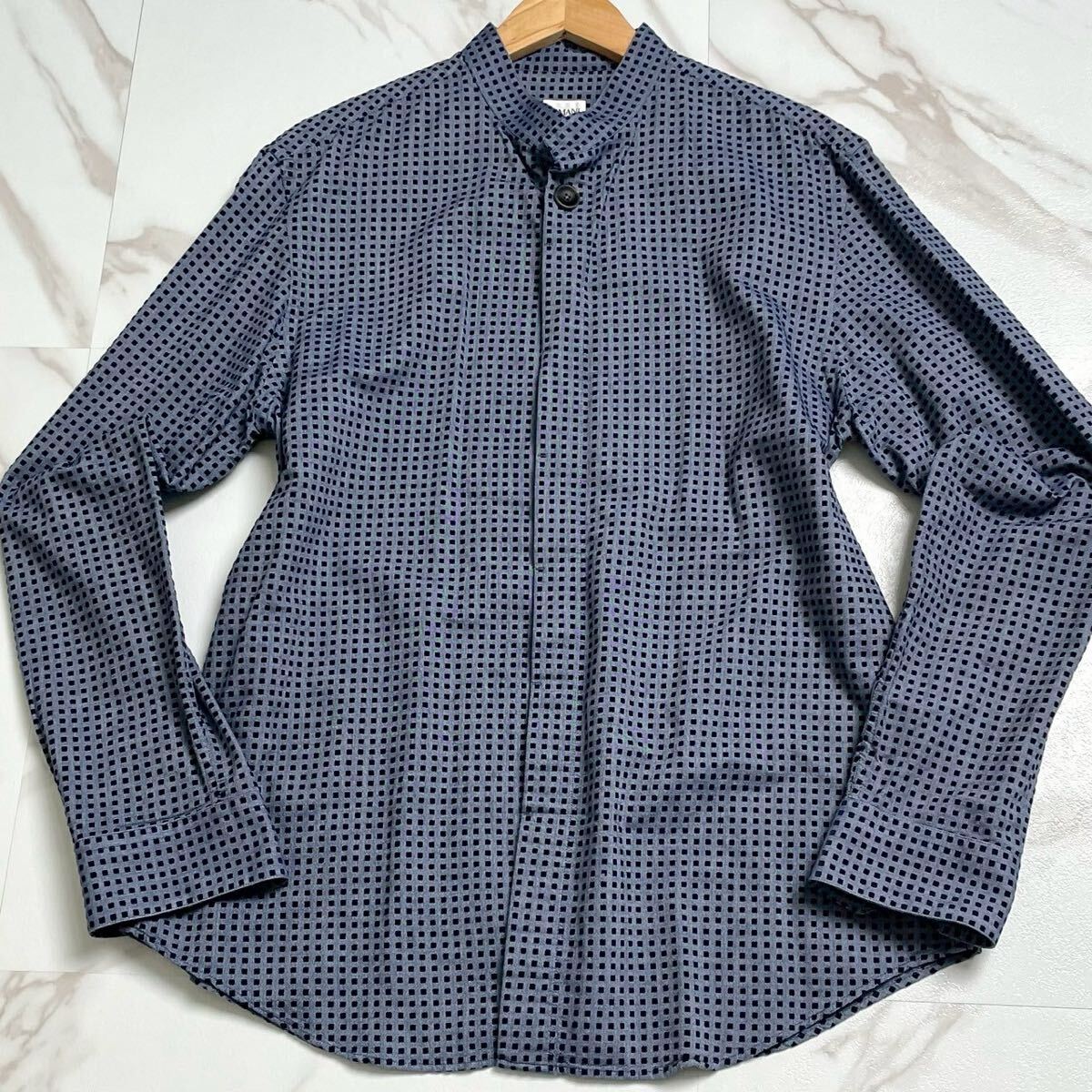 未使用級/Lサイズ●ARMANI COLLEZIONI アルマーニ コレツォーニ 長袖シャツ ボタンダウンシャツ ストレッチ ドット/総柄 ネイビー系 メンズ
