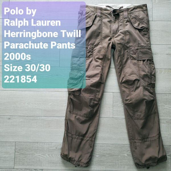 Polo by Ralph Lauren ラルフローレン■美品 2000s ヘリンボーン USED加工 タイトフィット パラシュートパンツ W30 ギミック カーゴ Y2K