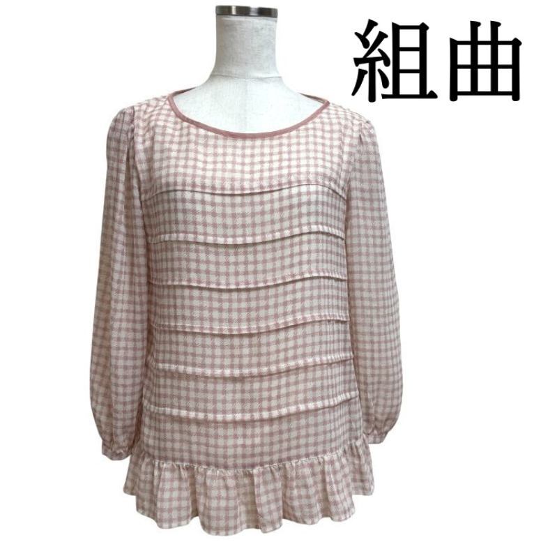 組曲　プルオーバーブラウス　シフォンブラウス　長袖　ピンク　チェック　2_画像1