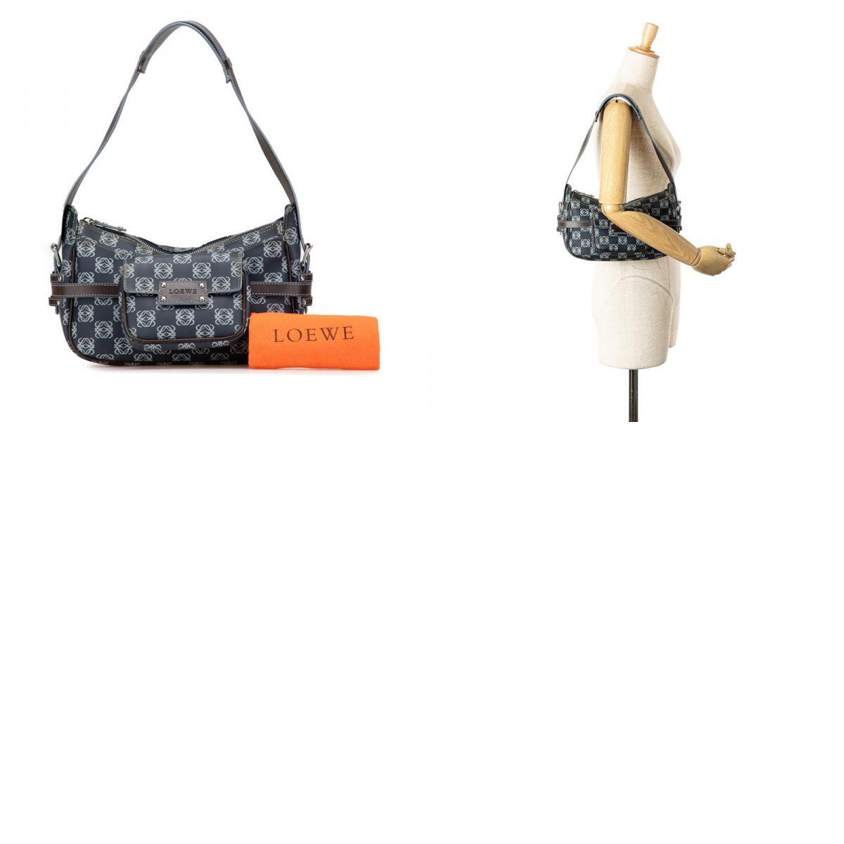 ロエベ アナグラム ワンショルダーバッグ ネイビー ブラウン PVC レザー レディース LOEWE 【中古】