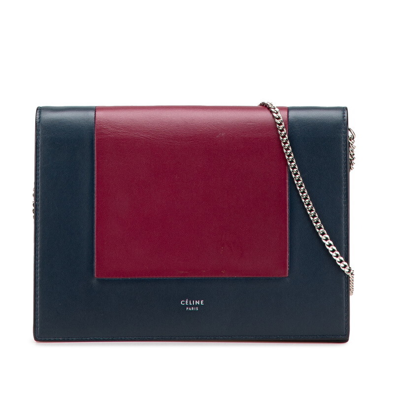 セリーヌ フレーム イブニング チェーン ウォレット ショルダーバッグ ネイビー パープル レザー レディース CELINE 【中古】
