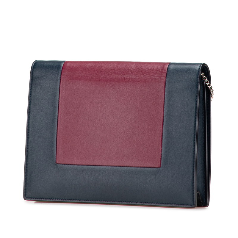 セリーヌ フレーム イブニング チェーン ウォレット ショルダーバッグ ネイビー パープル レザー レディース CELINE 【中古】
