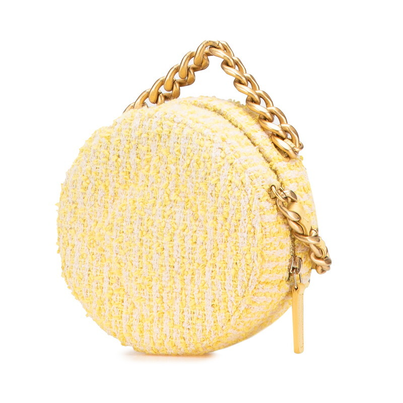 シャネル シャネル19 ココマーク ラウンド チェーン ショルダーバッグ イエロー ツイード レザー レディース CHANEL 【中古】