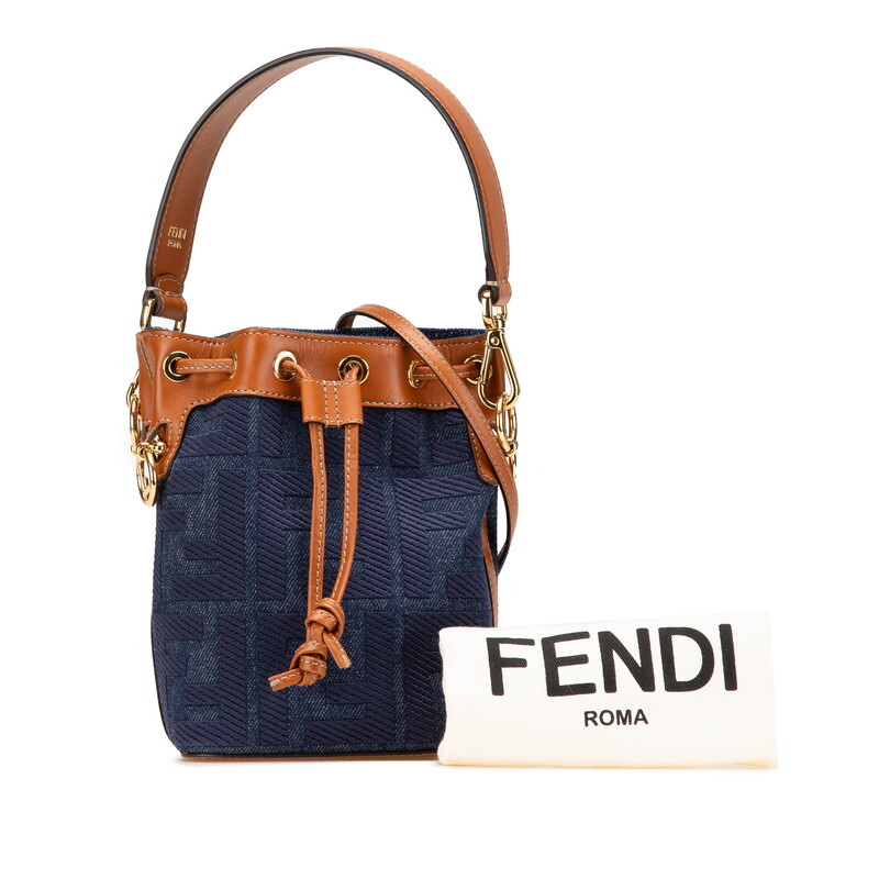 フェンディ ズッカ ミニモントレゾール ショルダーバッグ ハンドバッグ 2WAY インディゴブルー ブラウン デニム レザー FENDI 【中古】