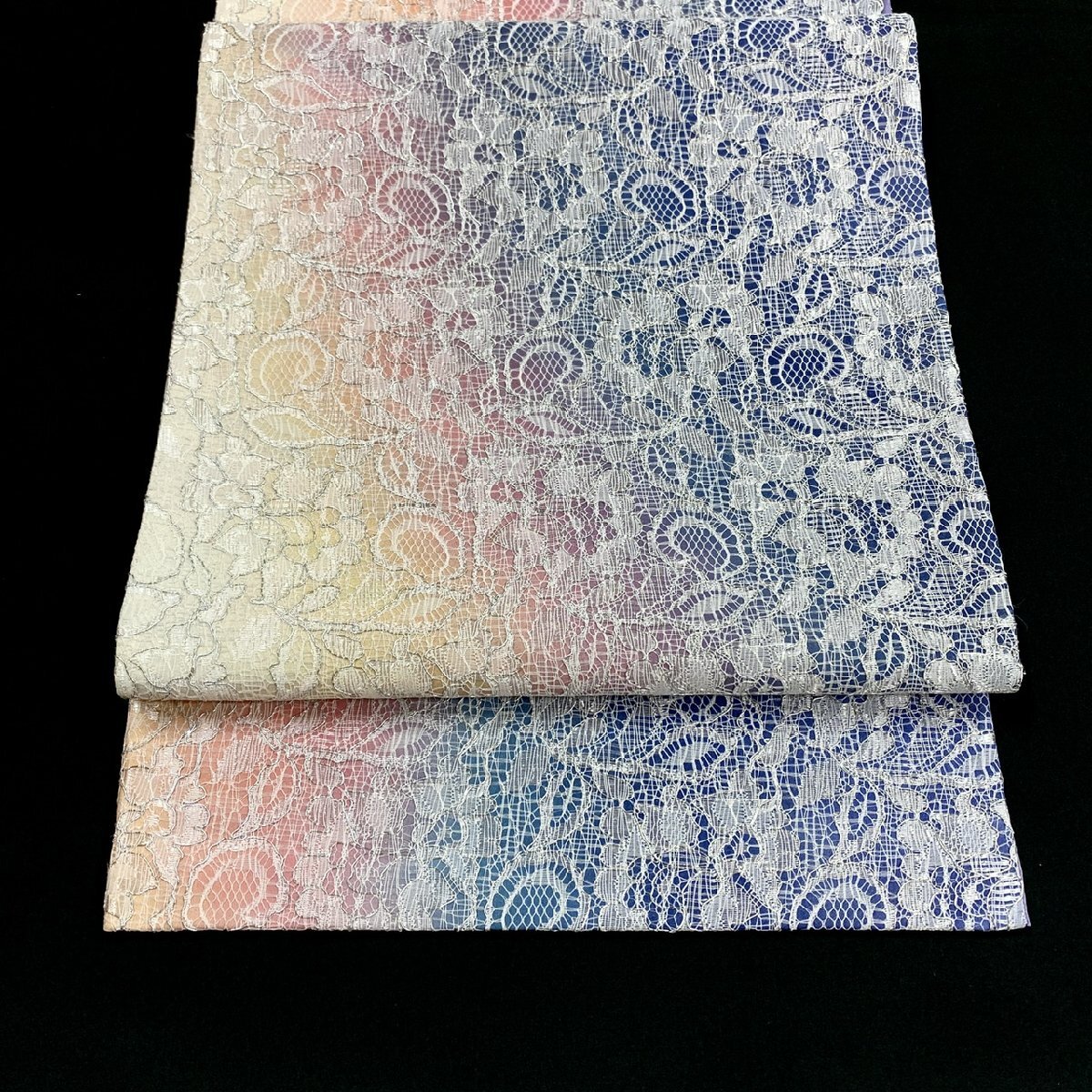 著物月花　総刺繍　レース刺繍　ぼかし染　唐花文様　袋帯　未使用品　全通柄　正絹　銀纟　ob5499