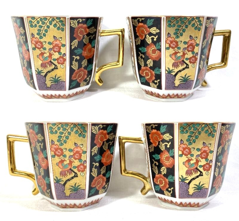 TM/ 有田焼 青藍窯 古伊万里 金彩花鳥図 カップ＆ソーサー 2客
