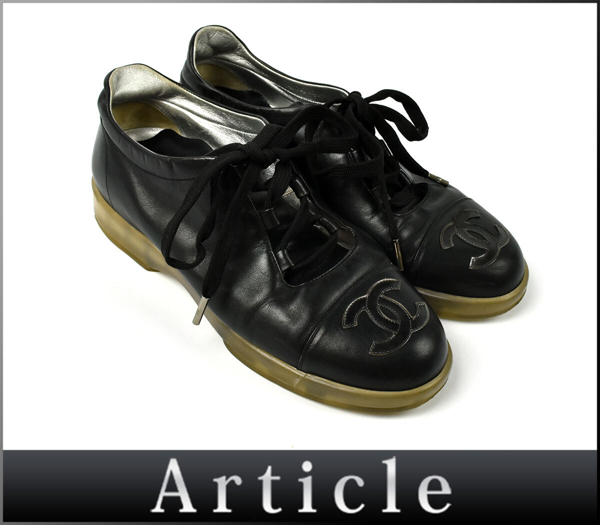224058◆ CHANEL シャネル ココマーク スニーカー シューズ 靴 23.5cm レザー 革 ブラック 黒 レディース シンプル/ F
