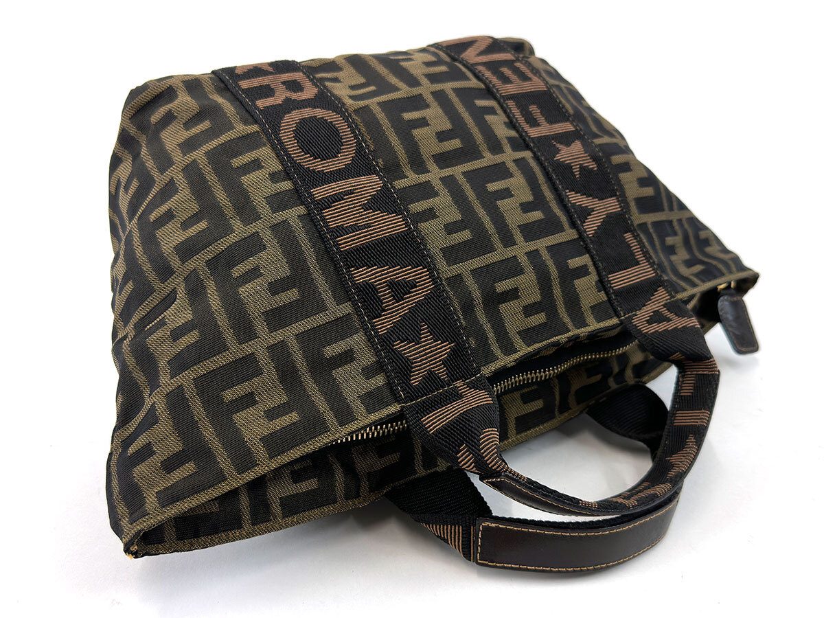 223804★ FENDI フェンディ ズッカ ハンドバッグ バッグ 鞄 26525 ナイロン レザー 革 カーキ ブラック ブラウン レディース/ B