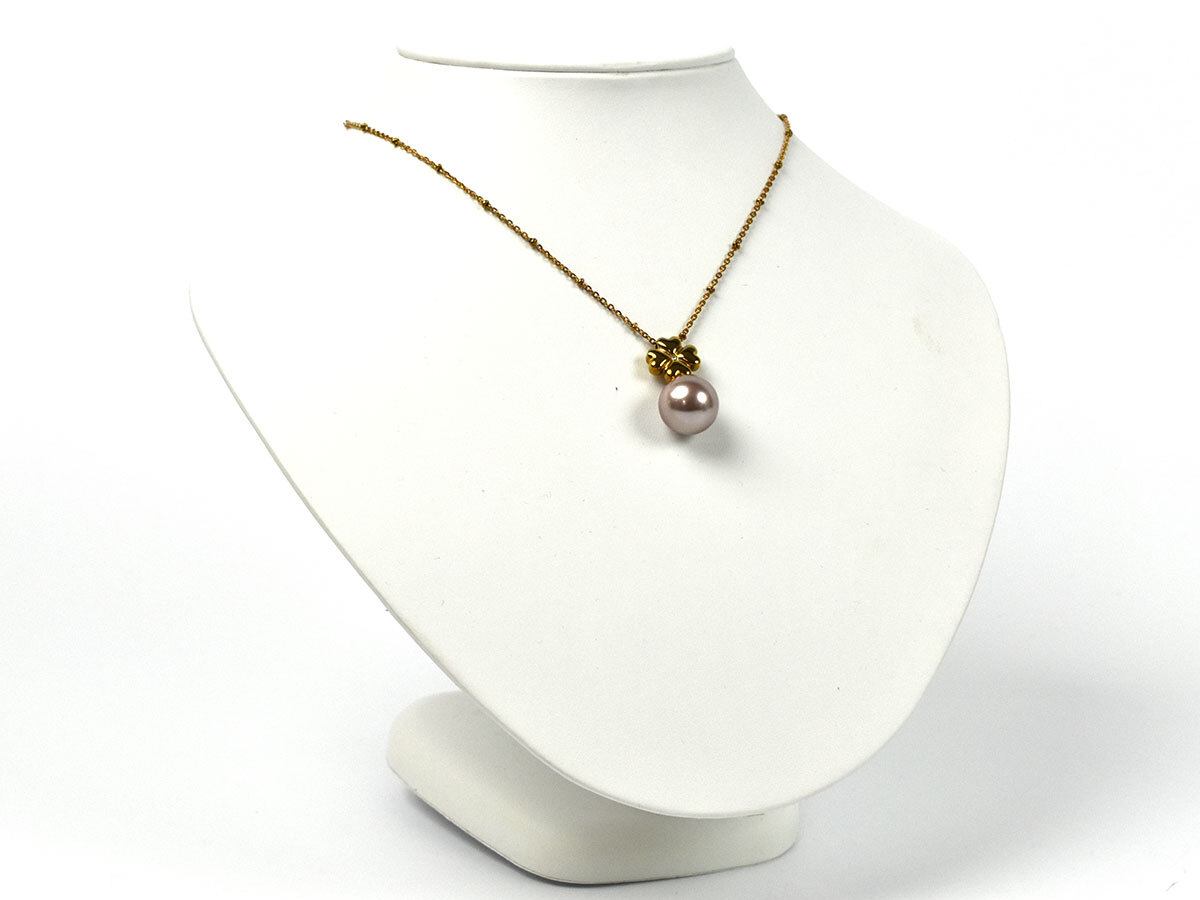 223425★美品 Folli Follie フォリフォリ ネックレス ペンダント アクセサリー クローバー GP フェイクパール ゴールド ピンク/ E