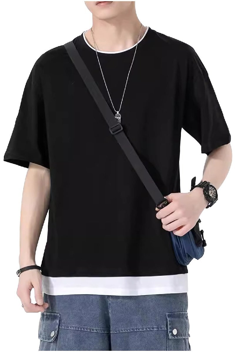 [ゴスファング] Tシャツ メンズ 半袖 夏服 ツートンカラー ラウンドネック レイヤード 重ね著 夏 メンズTシャツ 韓國風(fēng) ブラック XL