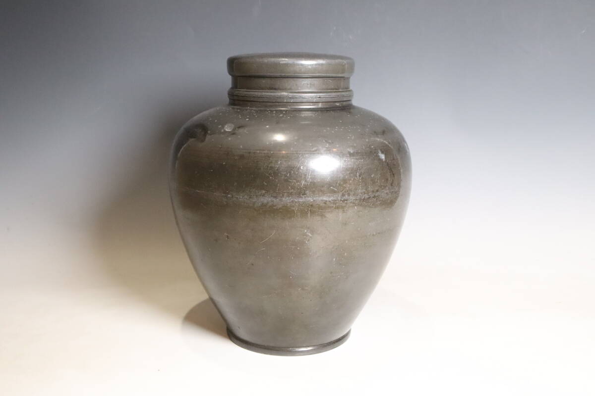 時代物 御錫屋 天下一 美作守 古錫 斑紋 茶心壺 高さ約33.5cm（G740）